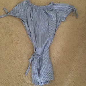 Off the shoulder blue and white striped dress